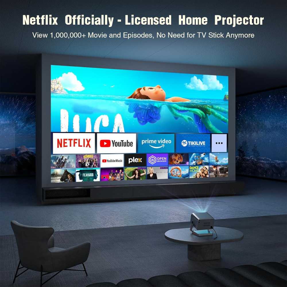 Netflix Official & Auto Focus 4K Projector with WiFi, Bluetooth, and 3D Stereo Sound for Epic Outdoor Movie Nights