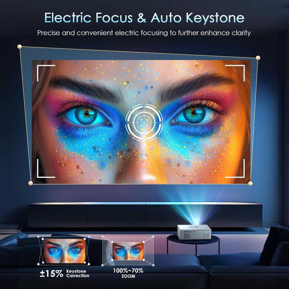 Electric Focus Outdoor Gaming Projector: WiFi 6, Bluetooth 5.3, and Auto Keystone Correction for Ultimate Viewing Experience