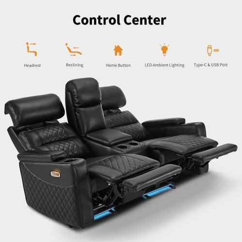 Power Recliner Home Theater Seating featuring Adjustable Headrests, Console, and Convenient Tech Ports | TekChoice Electronics