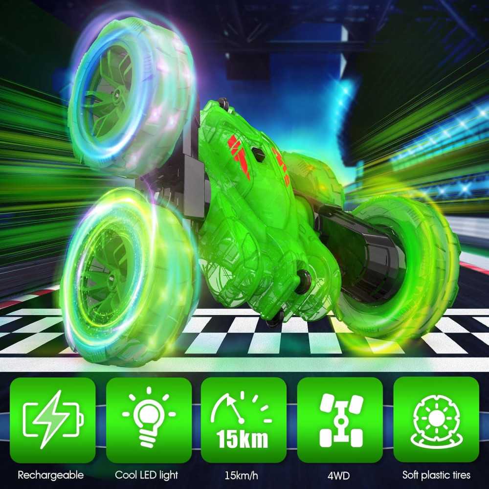 Rechargeable Remote Control Stunt Toy Car w/ Dazzling Lights and 360° Flips