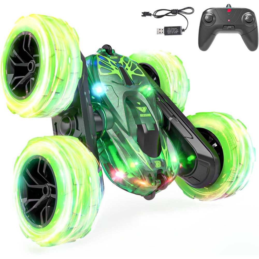 Double-Sided Mini Remote Control Stunt Car w/ 360 Flips and LED Lights