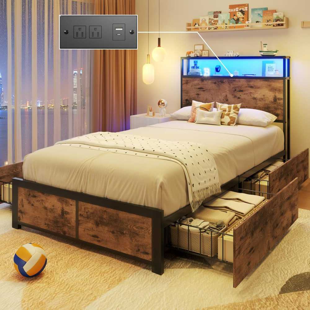 Bed Frame w/ Type-C/USB Charging, Hidden Storage, and RGB Platform