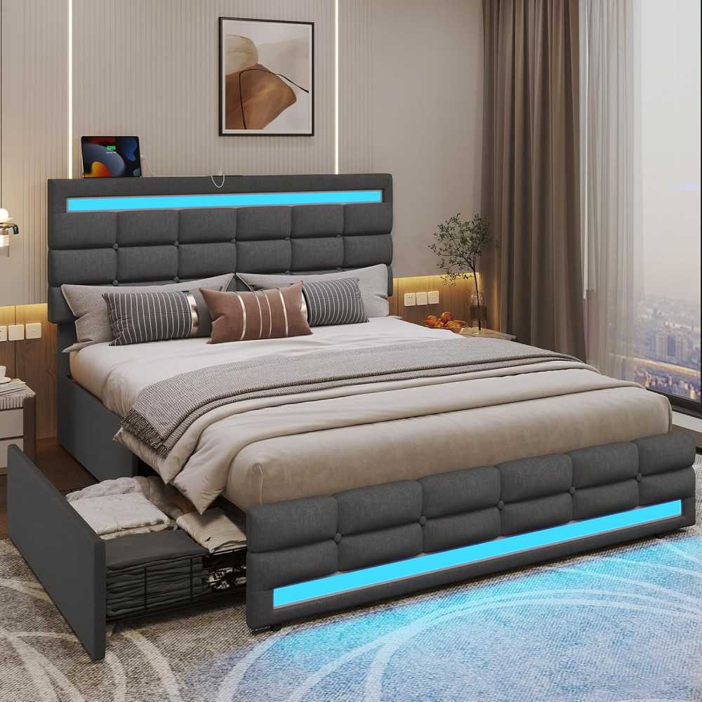 Bed Frame w/ Charging Station, LED Lights, and Storage Shelves