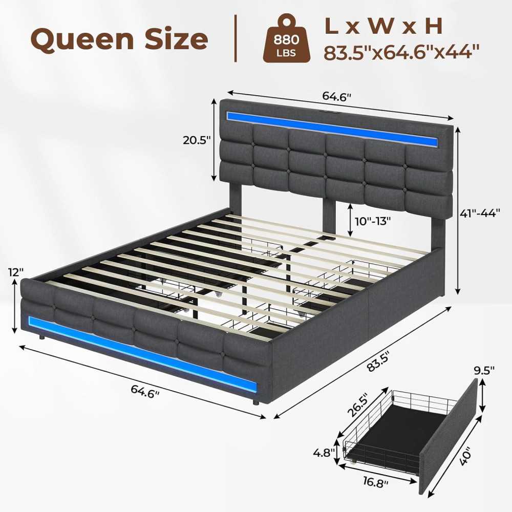 Bed Frame w/ Storage Drawers, Charging Station and LED Lights