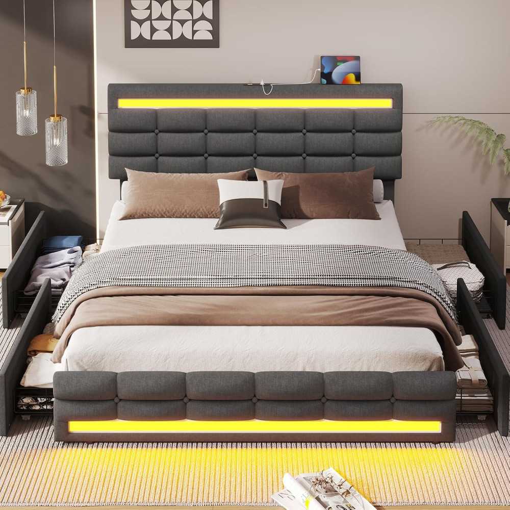 Bed Frame w/ Storage Drawers, Charging Station and LED Lights