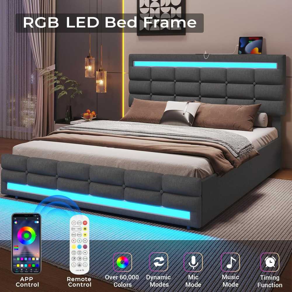 Bed Frame w/ Storage Drawers, Charging Station and LED Lights