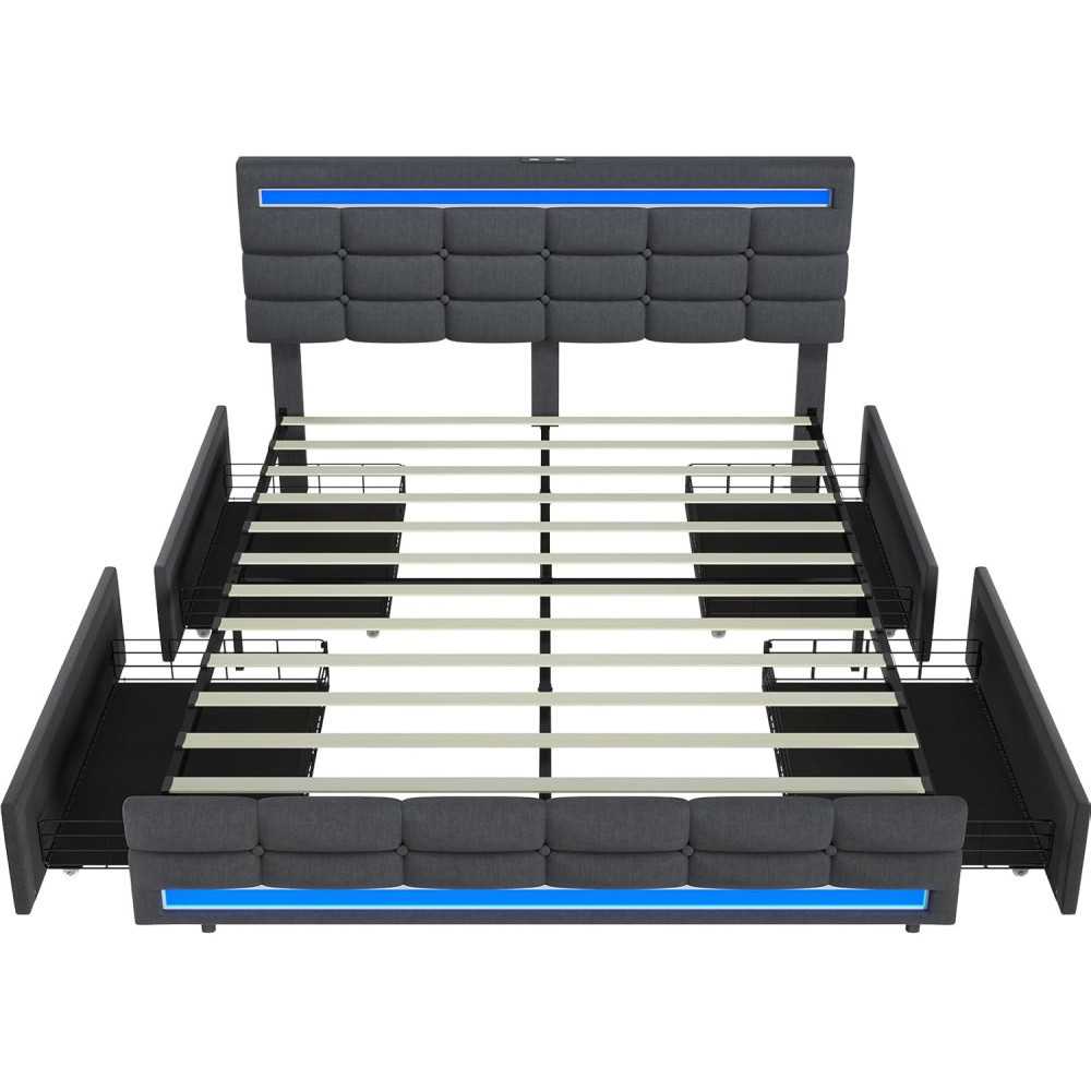 Bed Frame w/ Storage Drawers, Charging Station and LED Lights