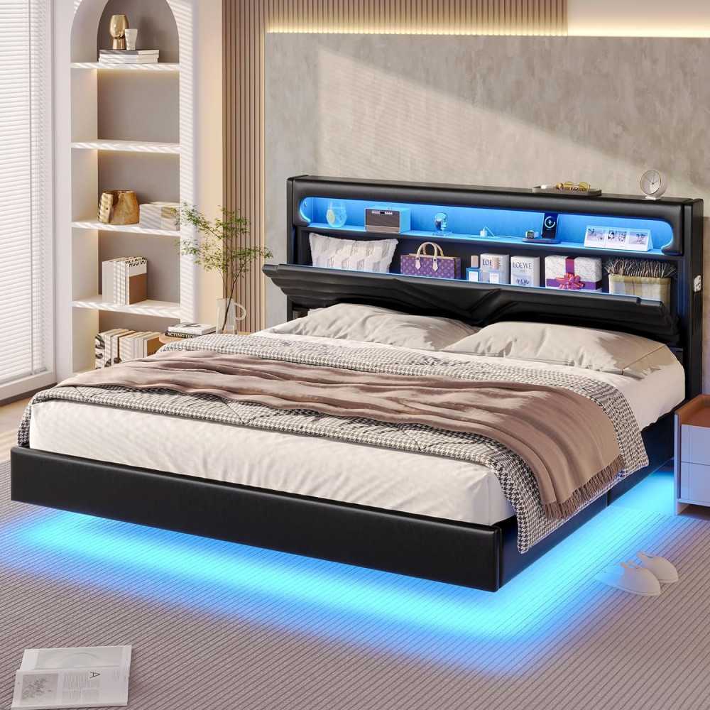 Bed Frame w/ Type-C/USB Charging, Hidden Storage, and RGB Platform