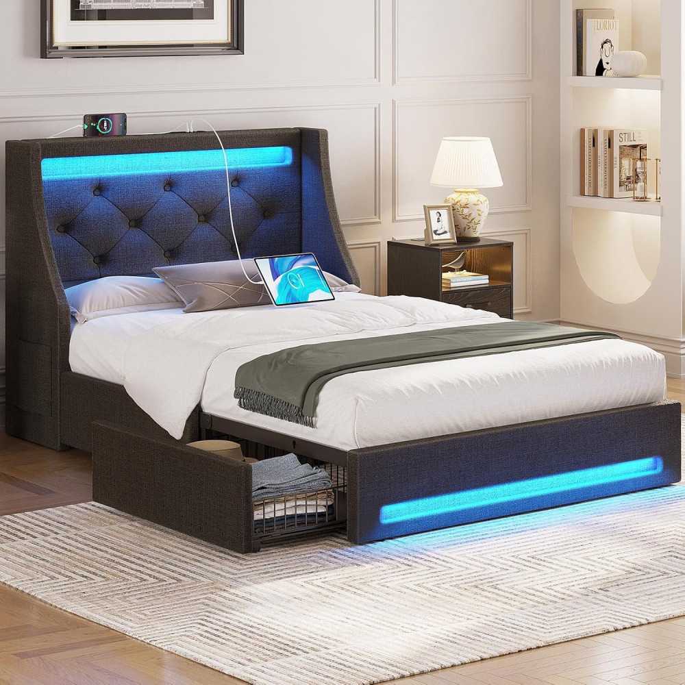 Nightstand - Modern Storage Solution w/ Built-in Charging Station and LED Lights