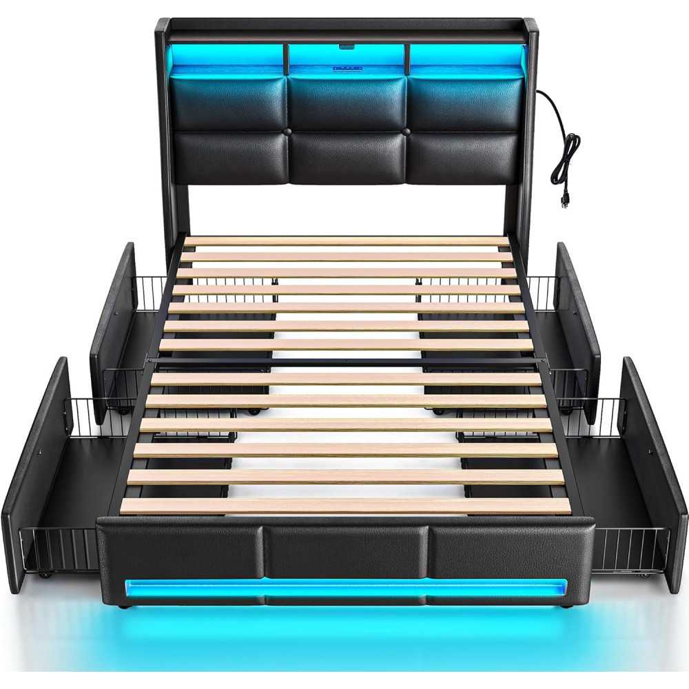 Bed Frame w/ LED Lights and Storage Features for Modern Comfort