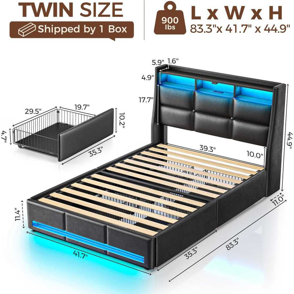 Bed Frame w/ LED Lights and Storage Features for Modern Comfort