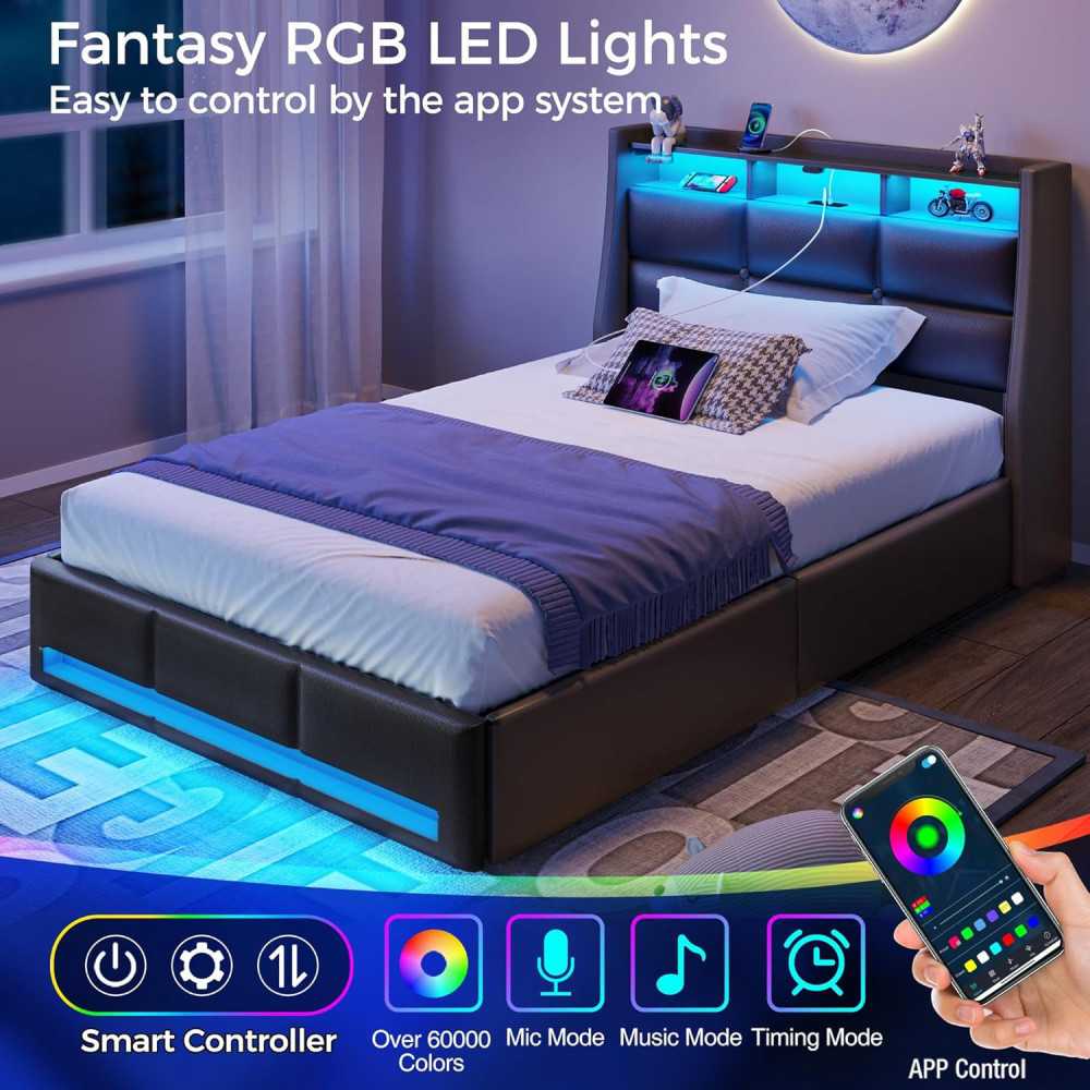 Bed Frame w/ LED Lights and Storage Features for Modern Comfort