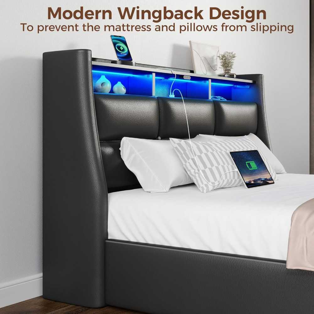 Bed Frame w/ LED Lights and Storage Features for Modern Comfort