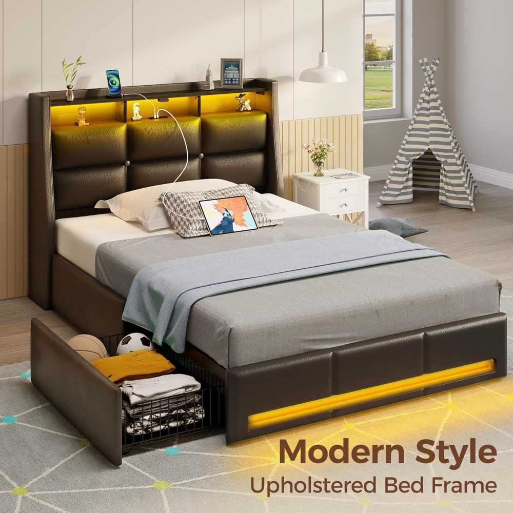 Bed Frame w/ LED Lights and Storage Features for Modern Comfort