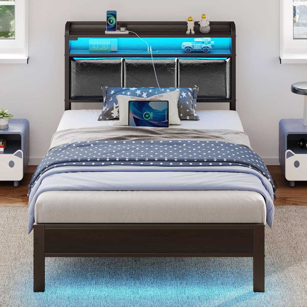 Bed Frame w/ Charging Station, LED Lights, and Storage Shelves