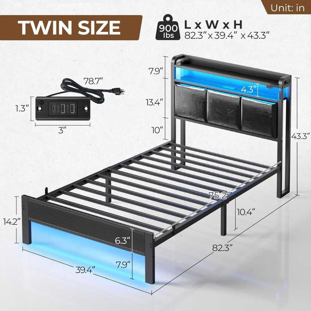 Bed Frame w/ Charging Station, LED Lights, and Storage Shelves