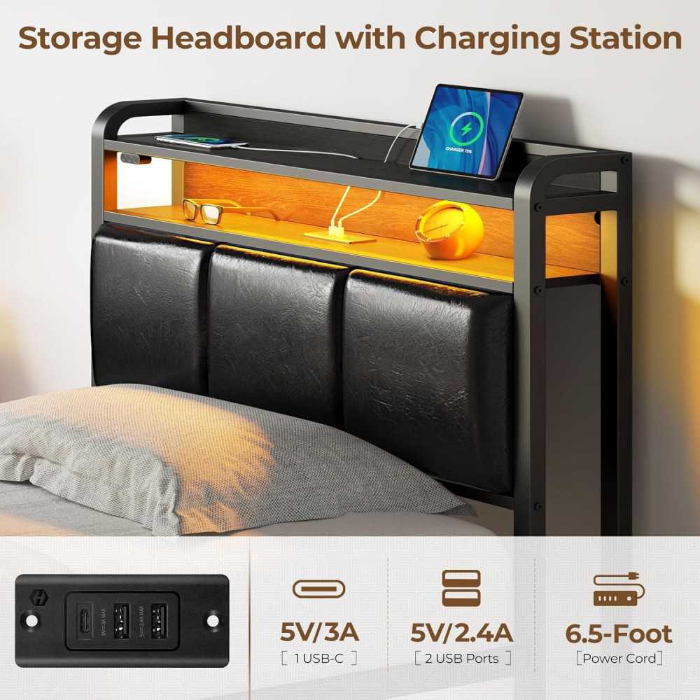 Bed Frame w/ Charging Station, LED Lights, and Storage Shelves