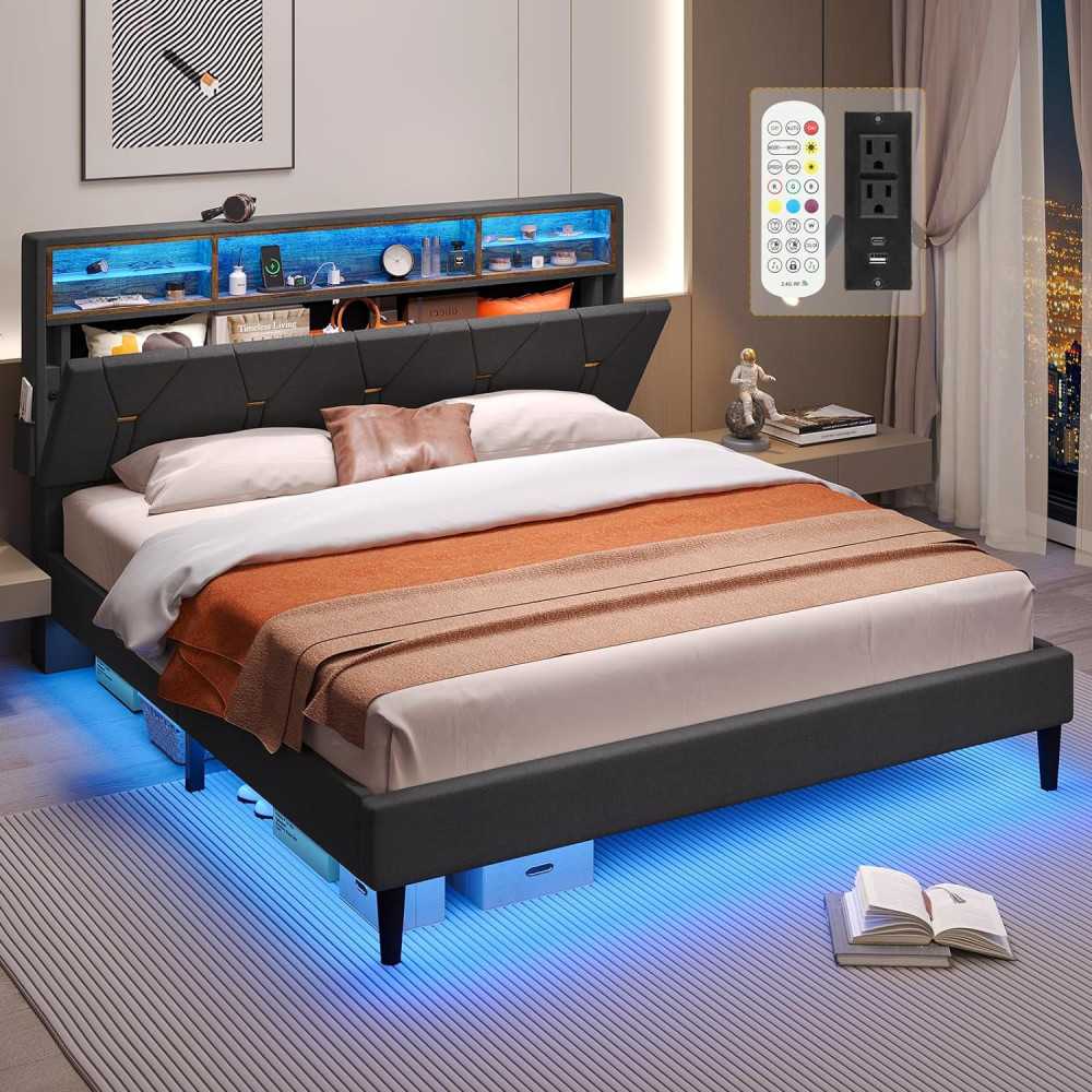 Bed Frame w/ Type-C/USB Charging, Hidden Storage, and RGB Platform