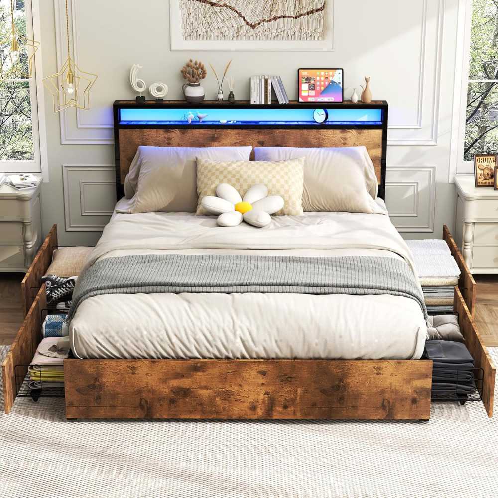 Bed Frame w/ LED Lights and Storage Features for Modern Comfort