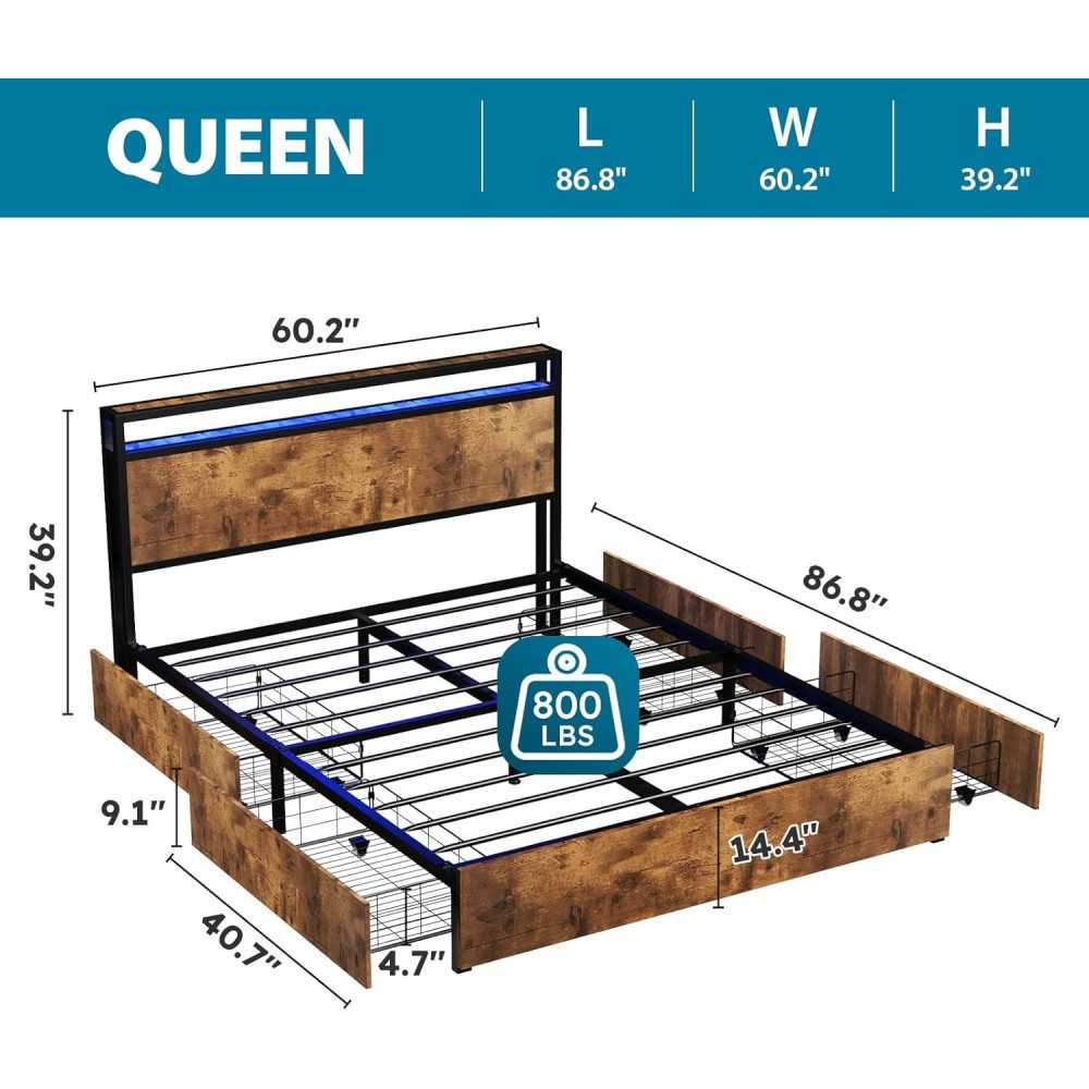 Bed Frame with Headboard, LED Lights, Storage Drawers, and Charging Station