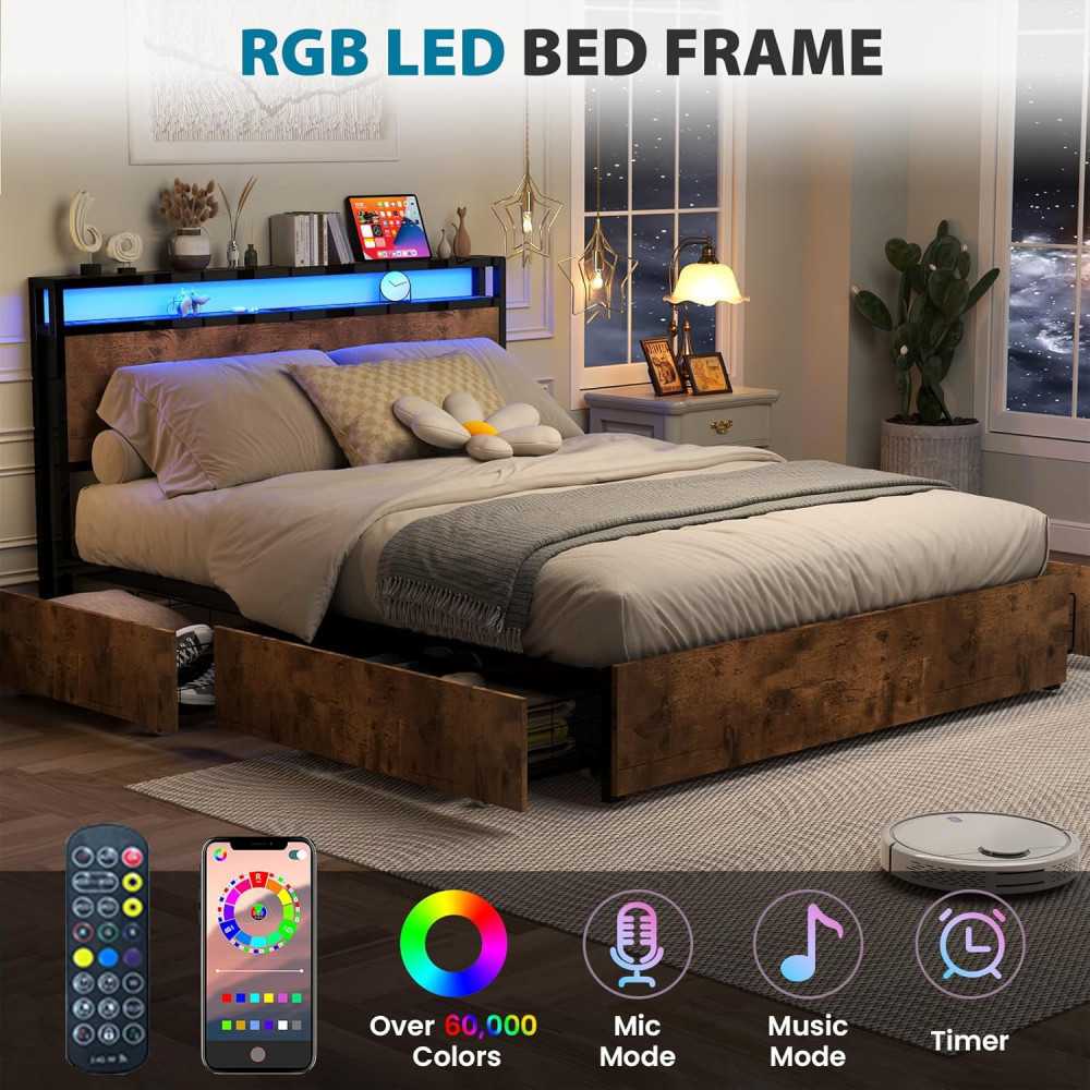 Bed Frame with Headboard, LED Lights, Storage Drawers, and Charging Station