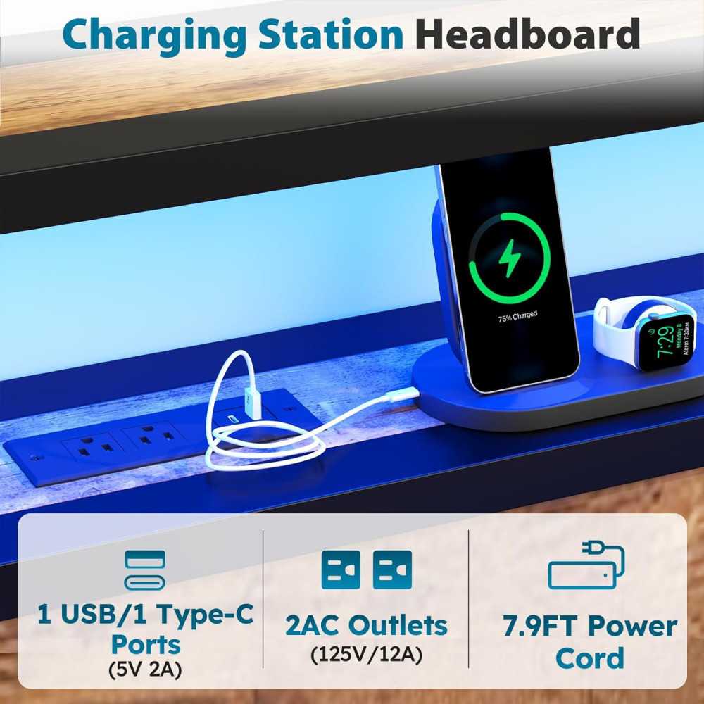 Bed Frame with Headboard, LED Lights, Storage Drawers, and Charging Station