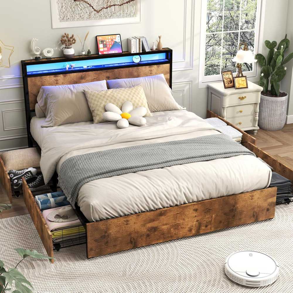 Bed Frame with Headboard, LED Lights, Storage Drawers, and Charging Station