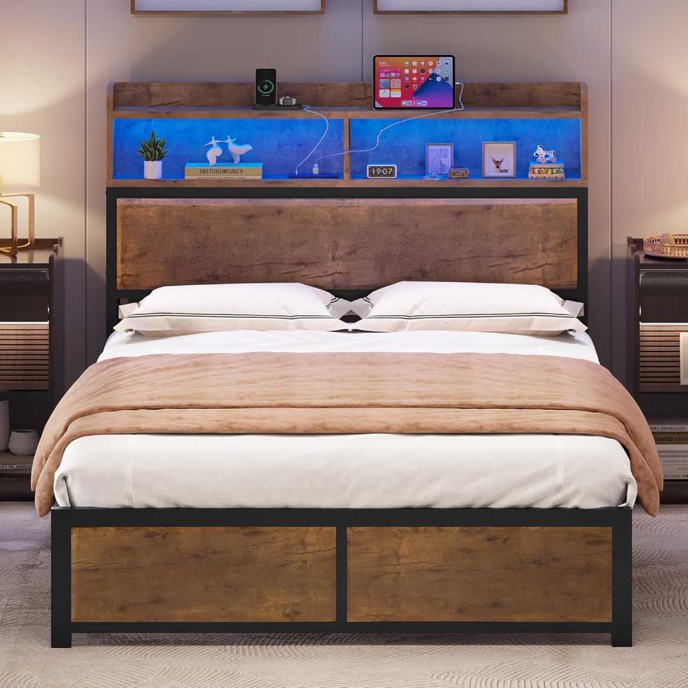 LED Upholstered Bed Frame w/ Adjustable Headboard and Wooden Slat Support