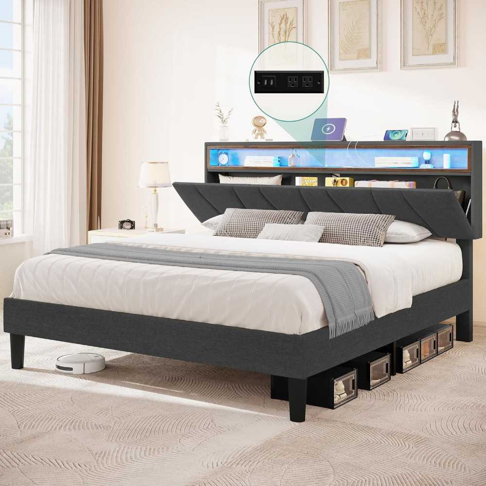 Bed Frame w/ Storage Drawers, Charging Station and LED Lights