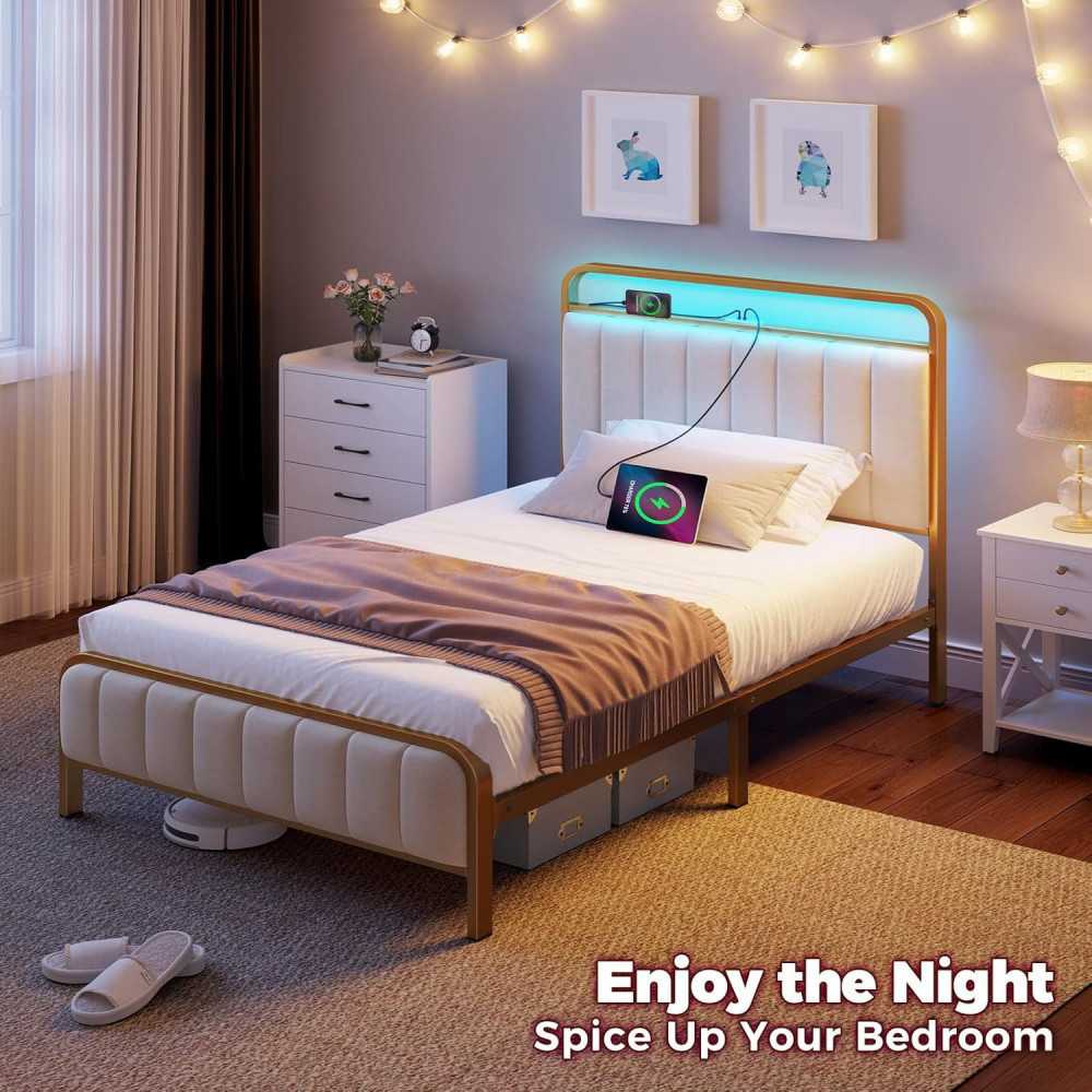 Bed Frame w/ LED Lights and Charging Station