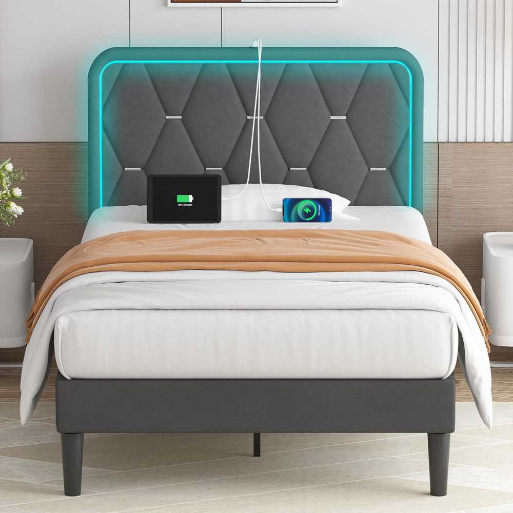 Bed Frame w/ Storage Drawers, Charging Station and LED Lights