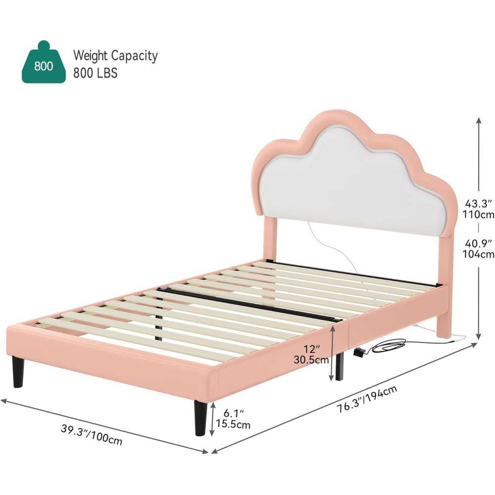 LED Upholstered Bed Frame w/ Adjustable Headboard and Wooden Slat Support