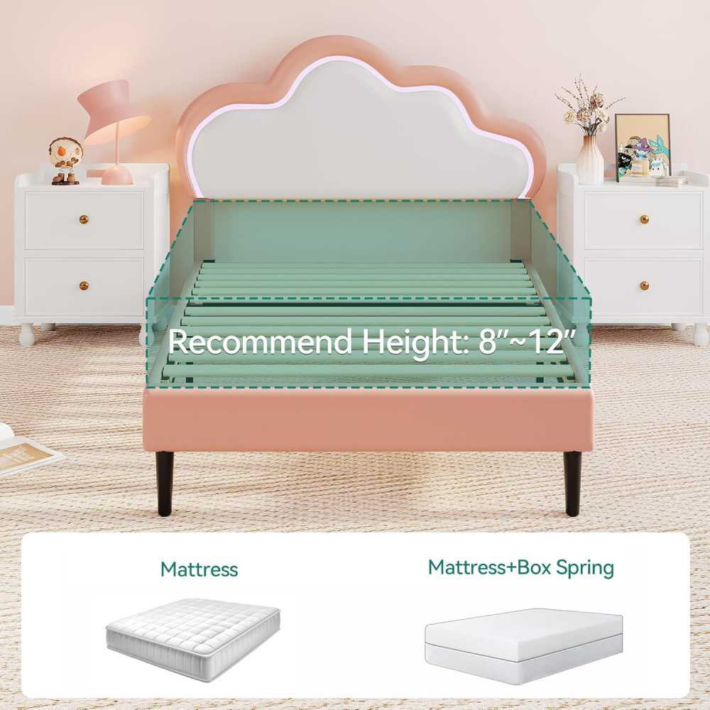 LED Upholstered Bed Frame w/ Adjustable Headboard and Wooden Slat Support