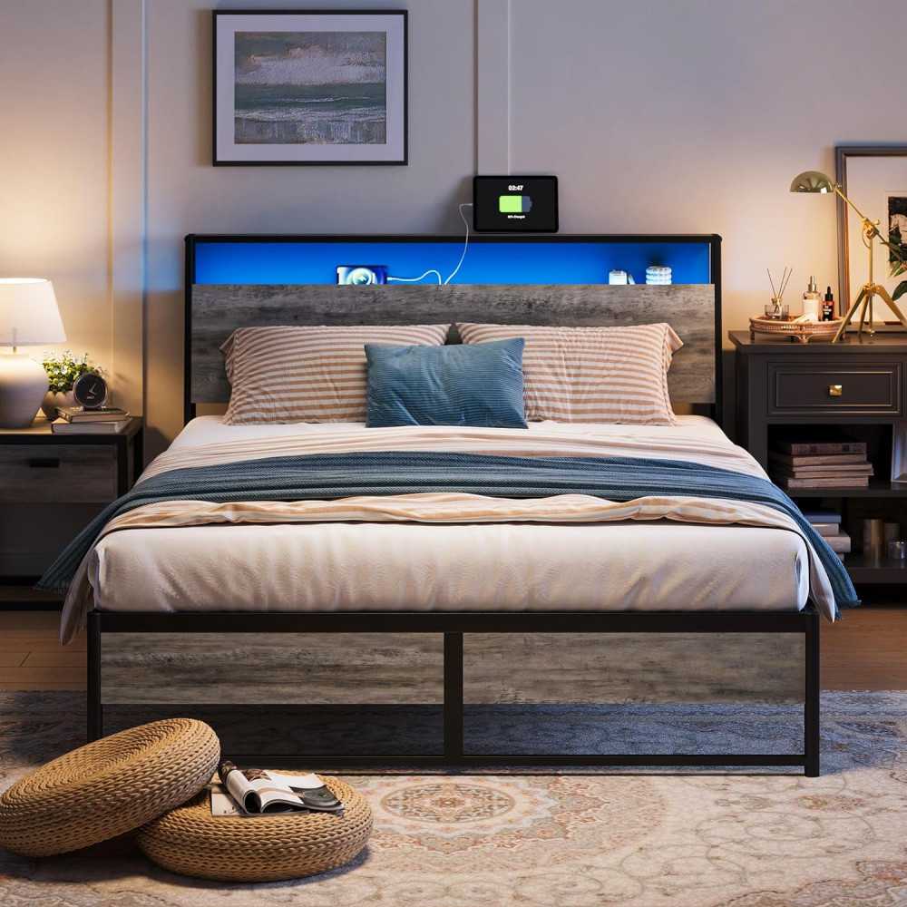 Bed Frame w/ LED Lights and Storage Features for Modern Comfort