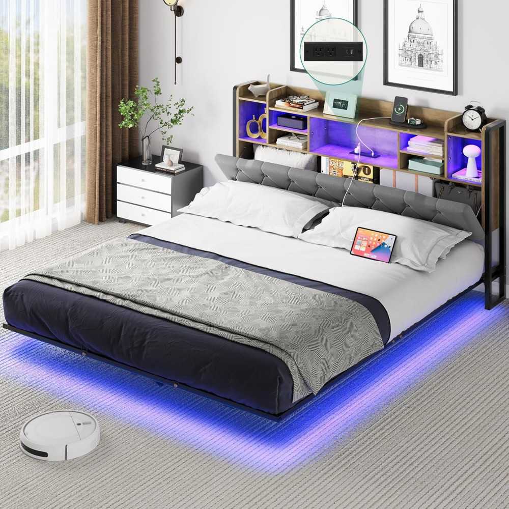 LED Upholstered Bed Frame w/ Adjustable Headboard and Wooden Slat Support