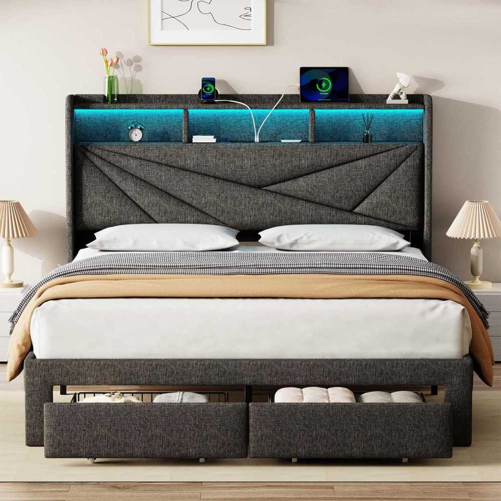 Set of 2 Nightstands featuring USB Charging Station, 3 Drawers, and Open Storage