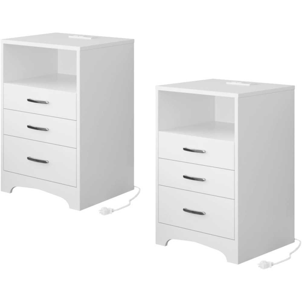 Set of 2 Nightstands featuring USB Charging Station, 3 Drawers, and Open Storage