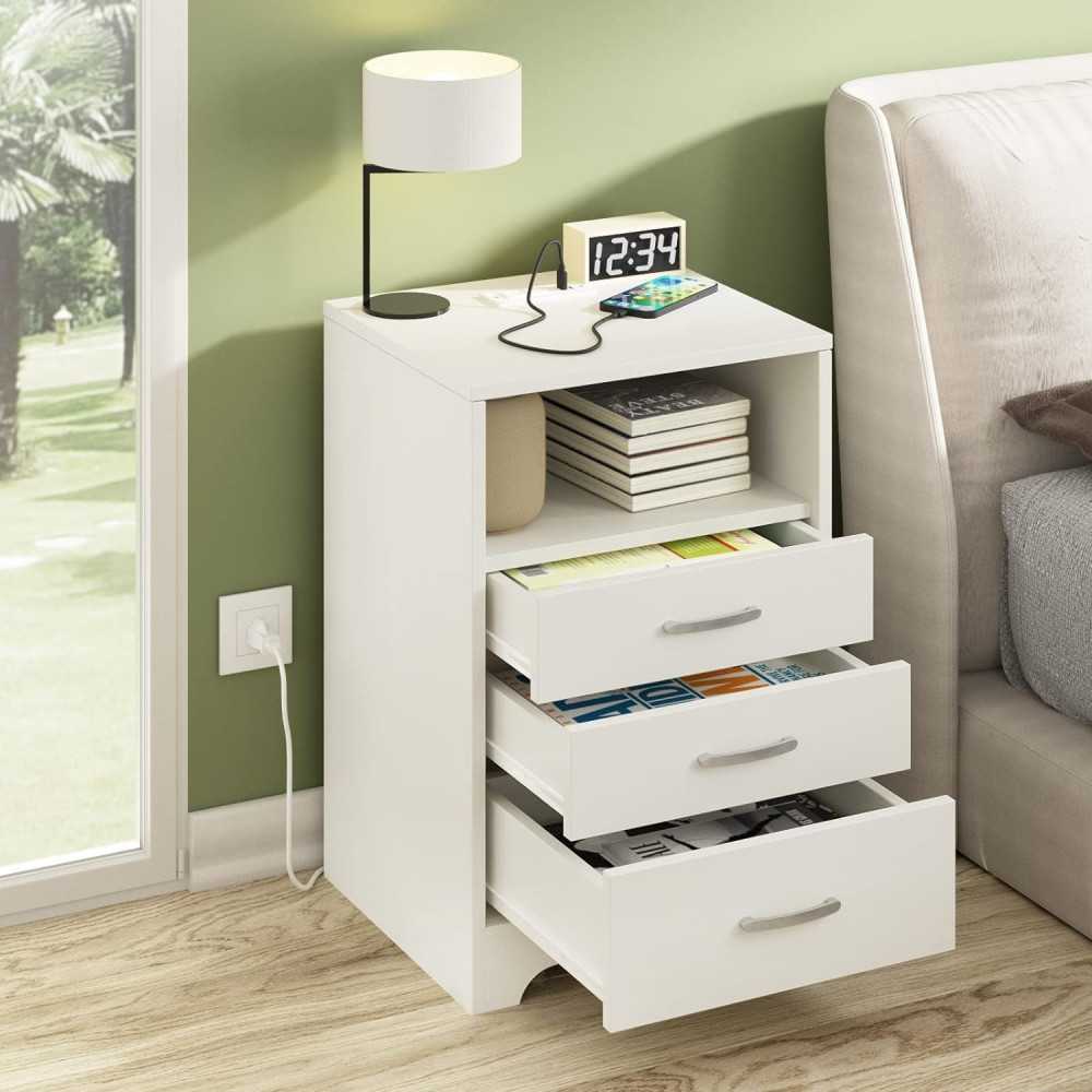 Set of 2 Nightstands featuring USB Charging Station, 3 Drawers, and Open Storage