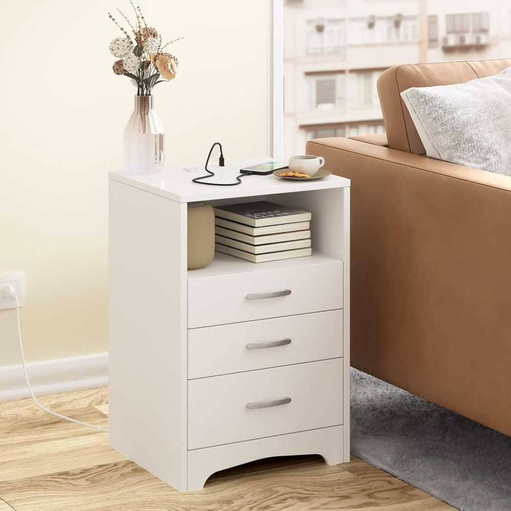 Set of 2 Nightstands featuring USB Charging Station, 3 Drawers, and Open Storage