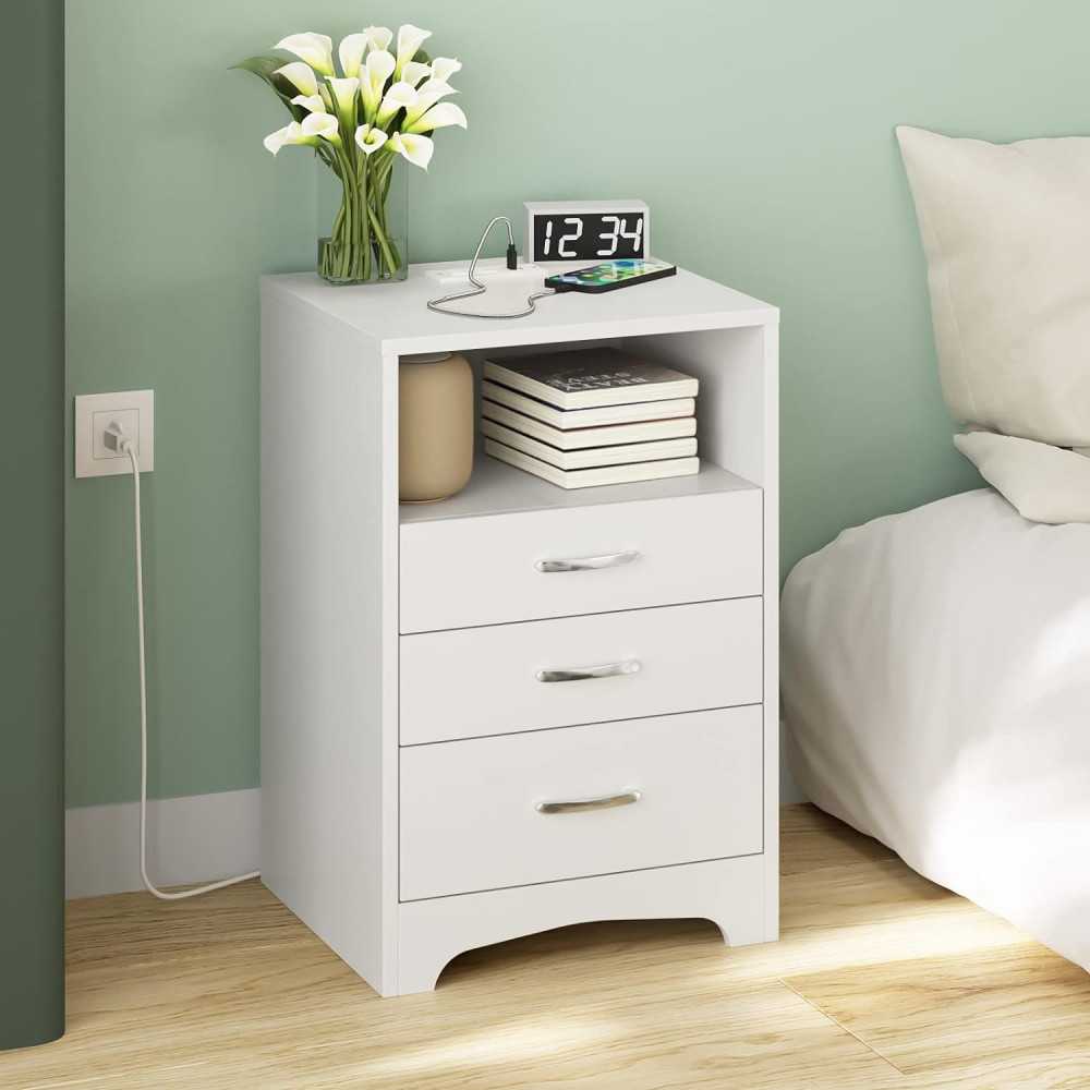 Set of 2 Nightstands featuring USB Charging Station, 3 Drawers, and Open Storage