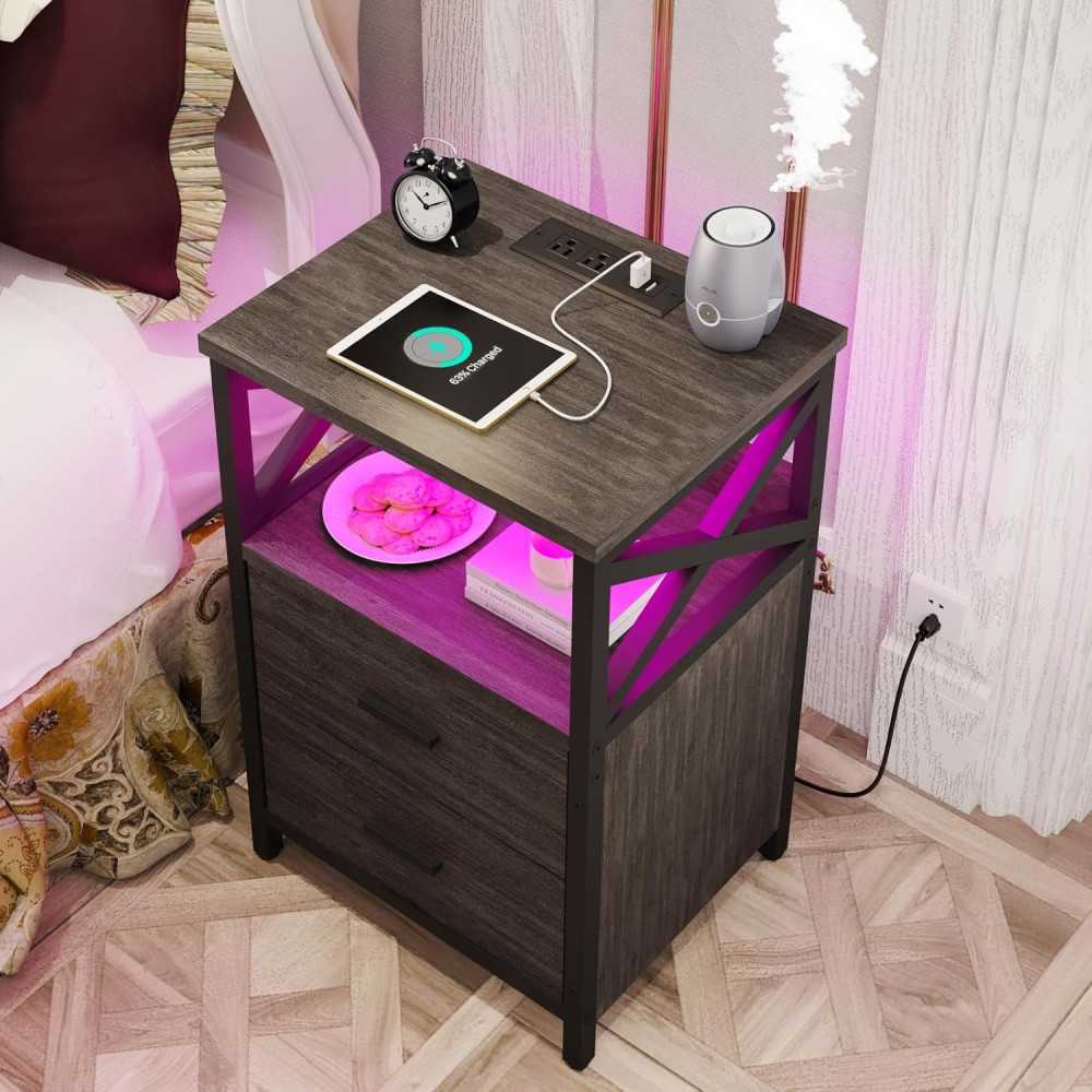 LED Nightstand w/ USB Charging Station and Fabric-Wood Drawer for Small Spaces