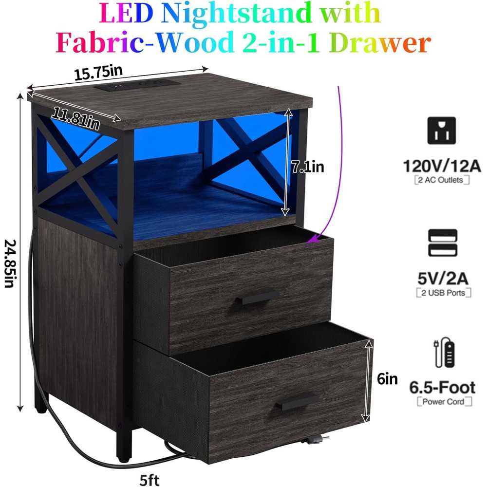 LED Nightstand w/ USB Charging Station and Fabric-Wood Drawer for Small Spaces