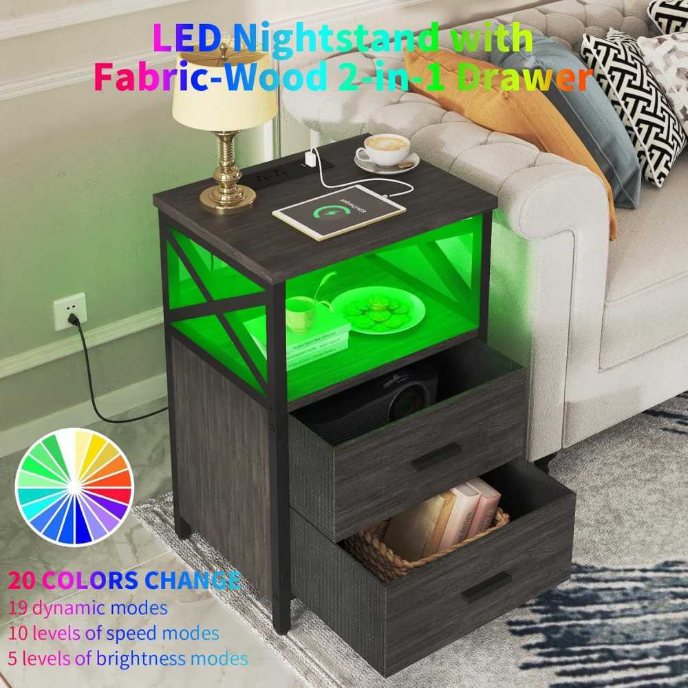 LED Nightstand w/ USB Charging Station and Fabric-Wood Drawer for Small Spaces