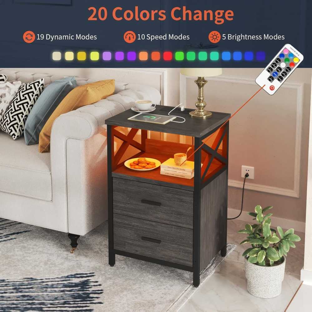 LED Nightstand w/ USB Charging Station and Fabric-Wood Drawer for Small Spaces