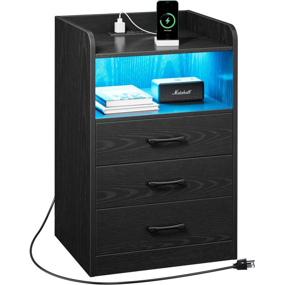 Nightstand w/ Charging Station, LED Light Strips & Drawers