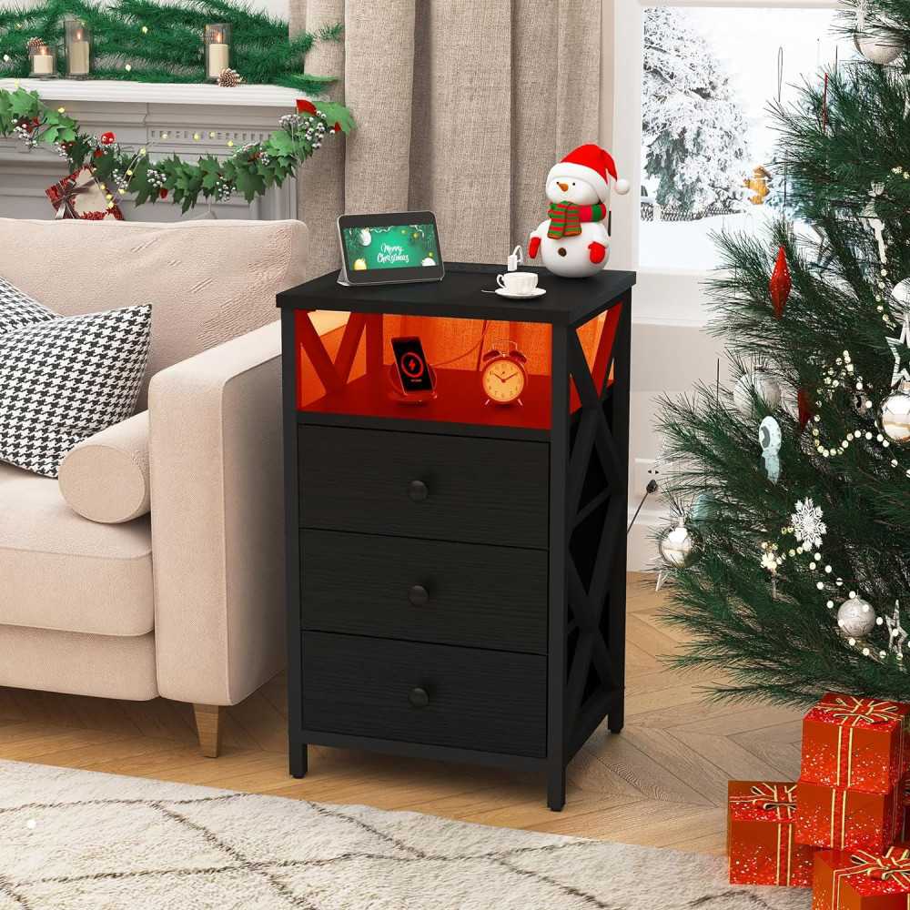 LED Nightstand and Tall Dresser w/ Built-in Charging Station and USB Ports for a Modern Touch