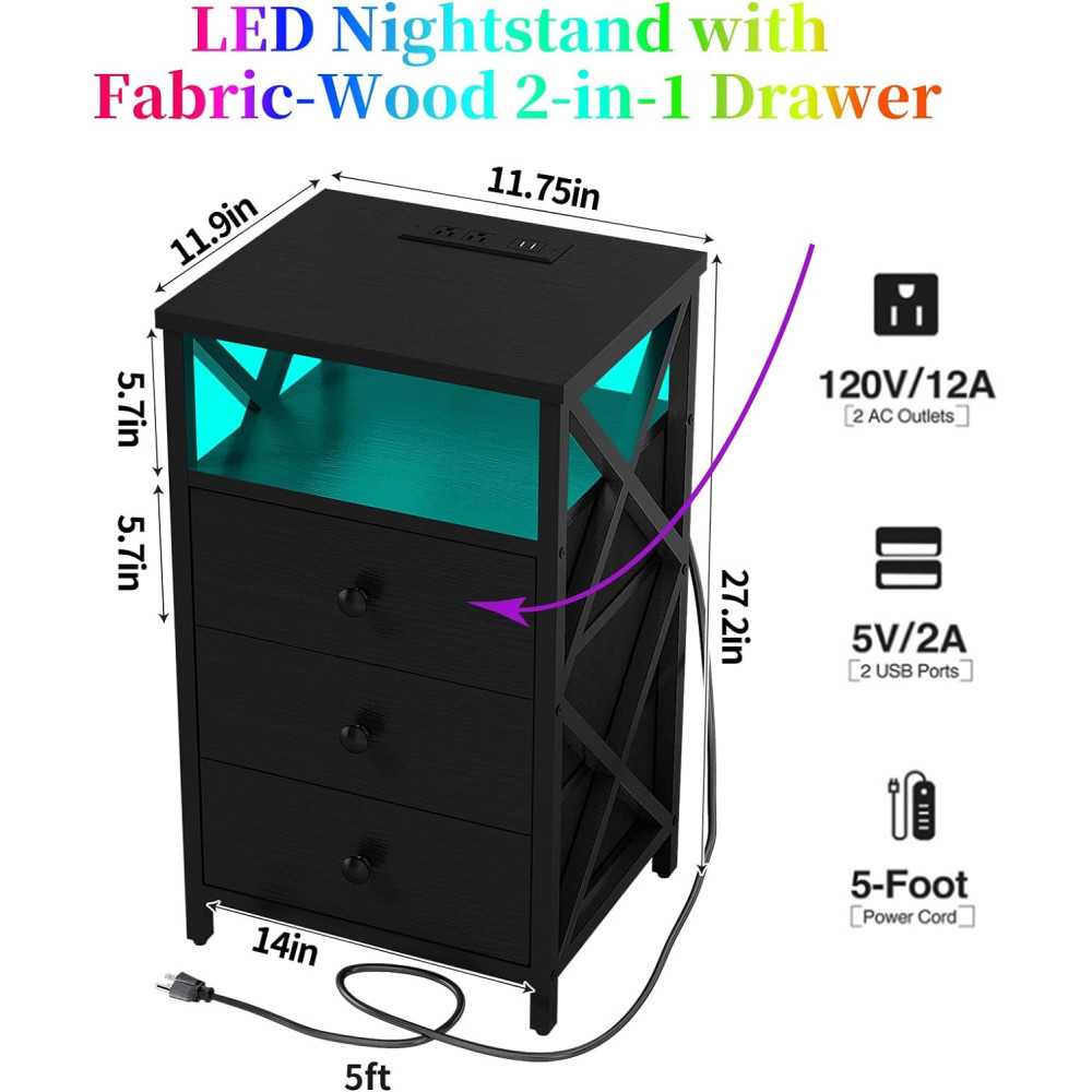 LED Nightstand and Tall Dresser w/ Built-in Charging Station and USB Ports for a Modern Touch