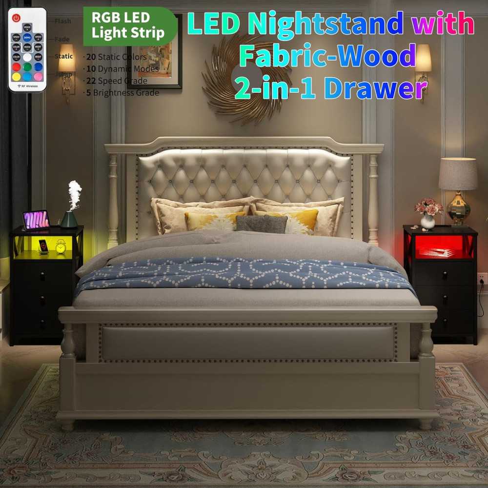 LED Nightstand and Tall Dresser w/ Built-in Charging Station and USB Ports for a Modern Touch