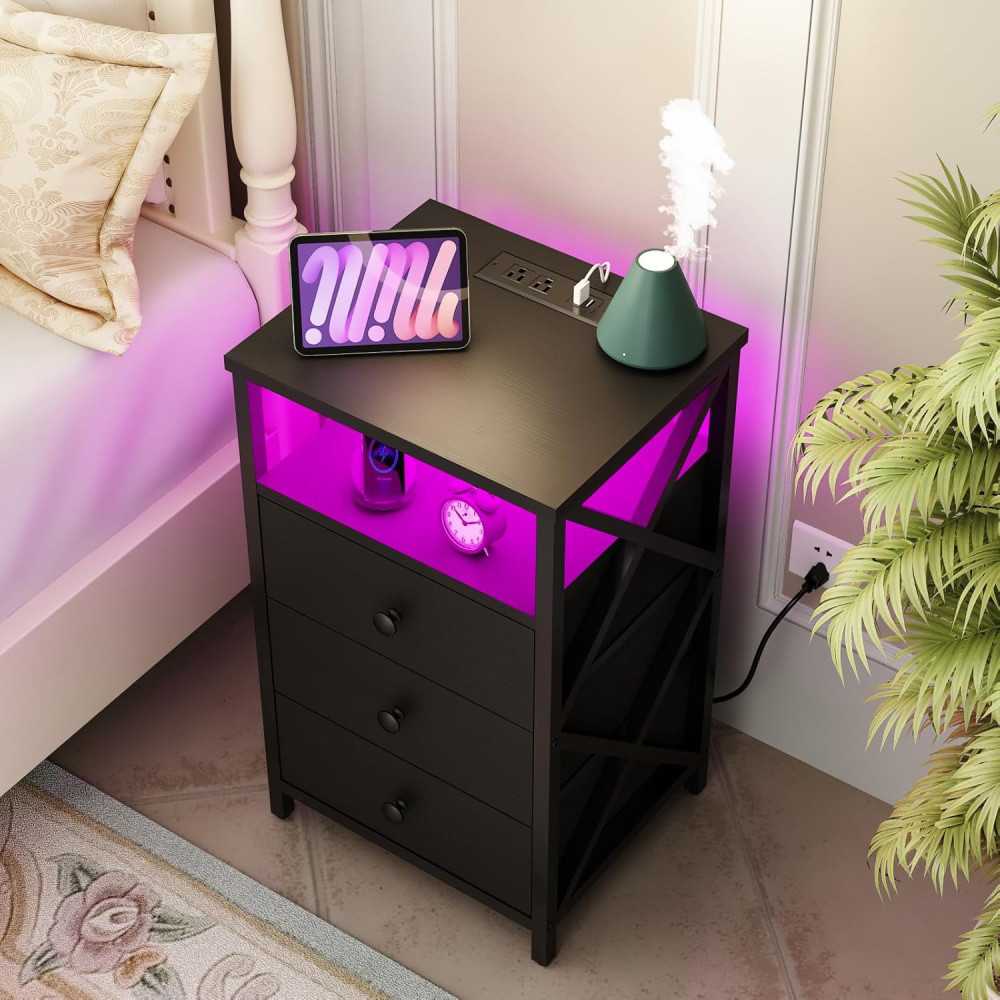 LED Nightstand and Tall Dresser w/ Built-in Charging Station and USB Ports for a Modern Touch