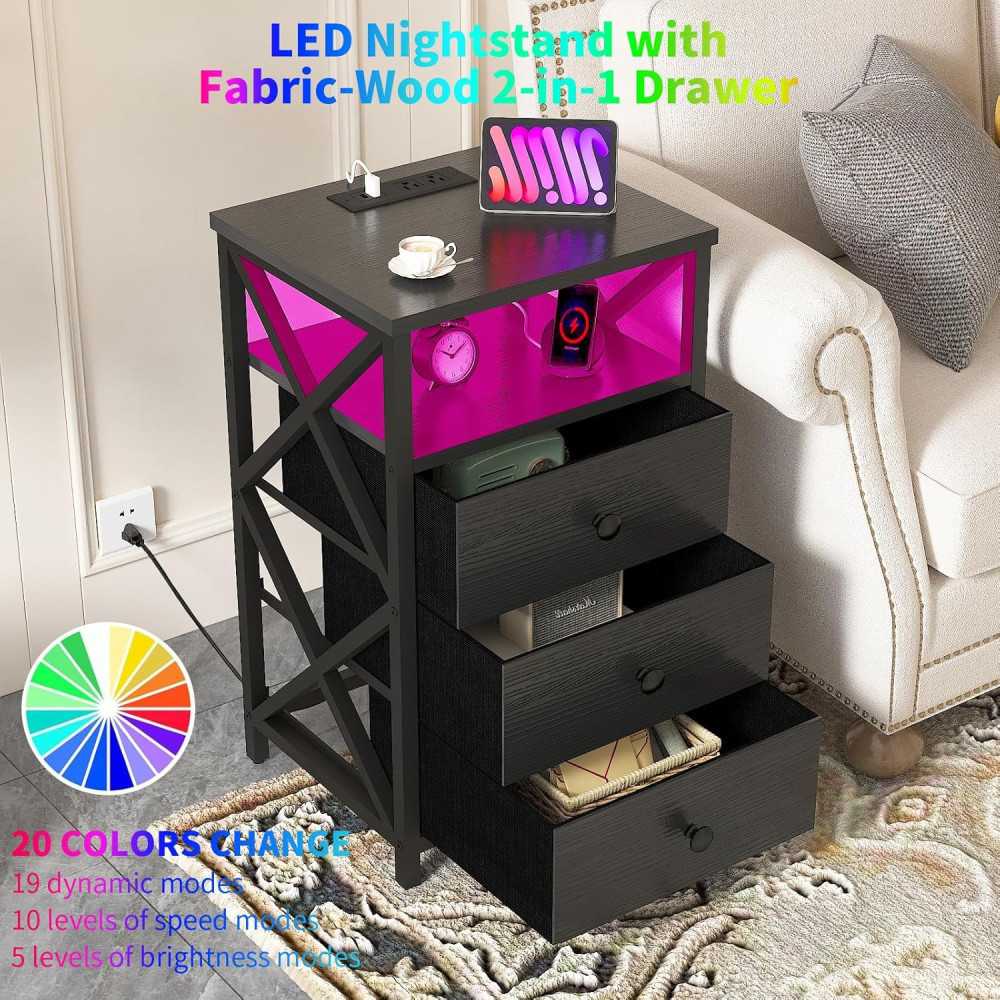 LED Nightstand and Tall Dresser w/ Built-in Charging Station and USB Ports for a Modern Touch